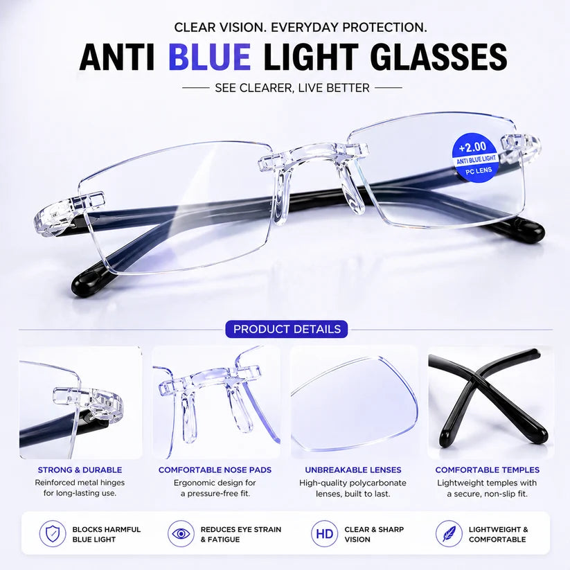 Rimless Smart Adaptive Power Reading Glasses | Lightweight & Foldable | Pack of 1